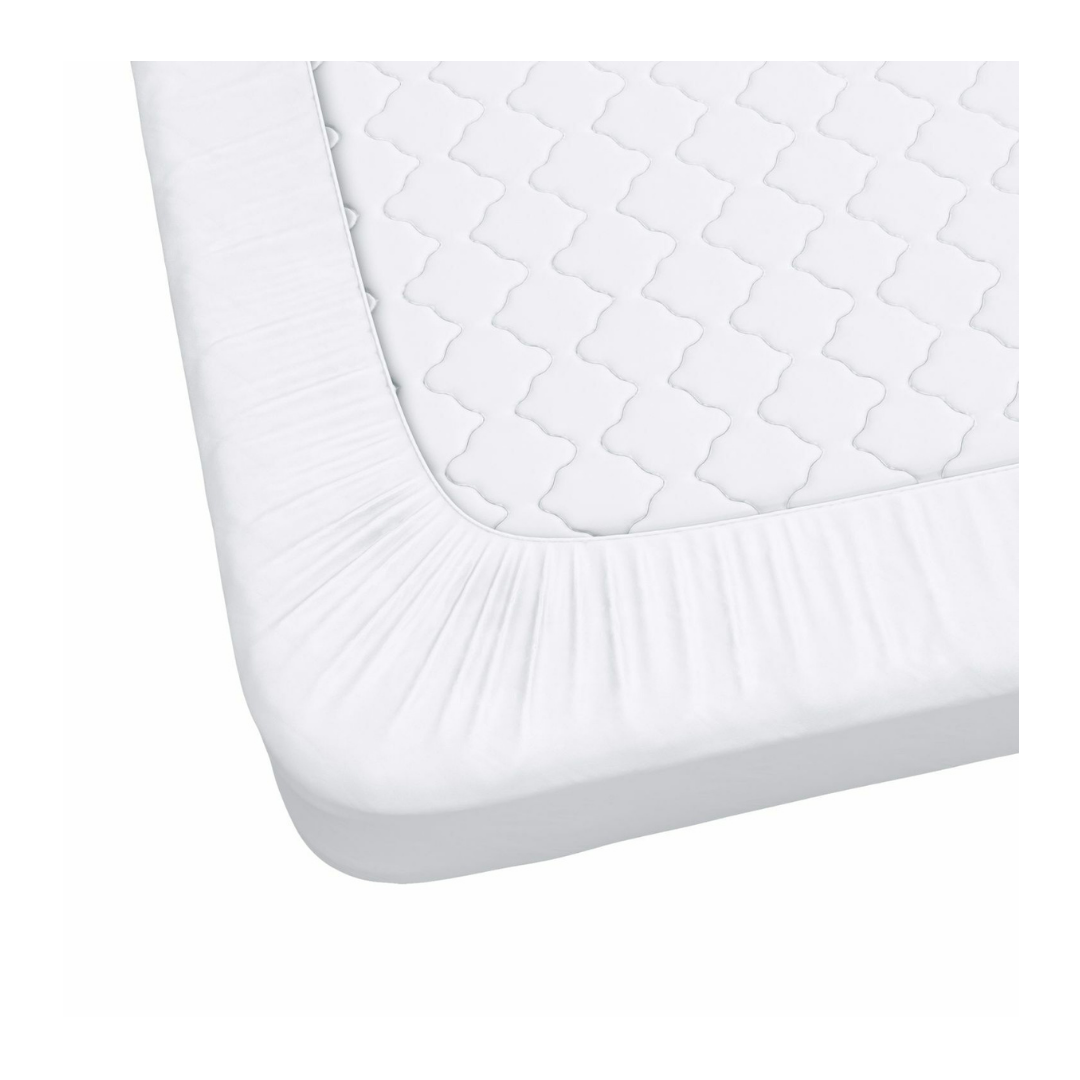Close-up of the iCare Mattress Protectors & Covers in white, featuring quilted stitching, elastic edges, and waterproof PU backing, securely covering a mattress corner for dependable protection.